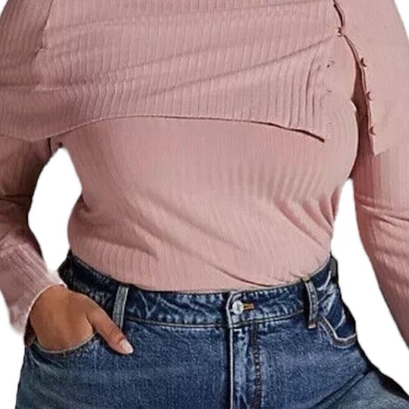 Anthropologie Ribbed Knit Off The Shoulder Top Mauve Pink Sweater Small NWT - Picture 4 of 8